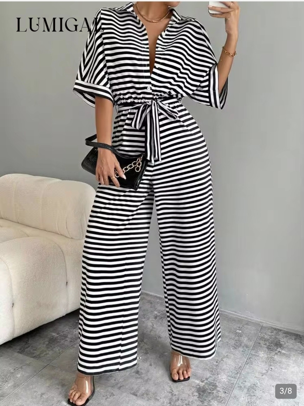 SHEIN Black & White Striped Wide-Leg Jumpsuit Size Large